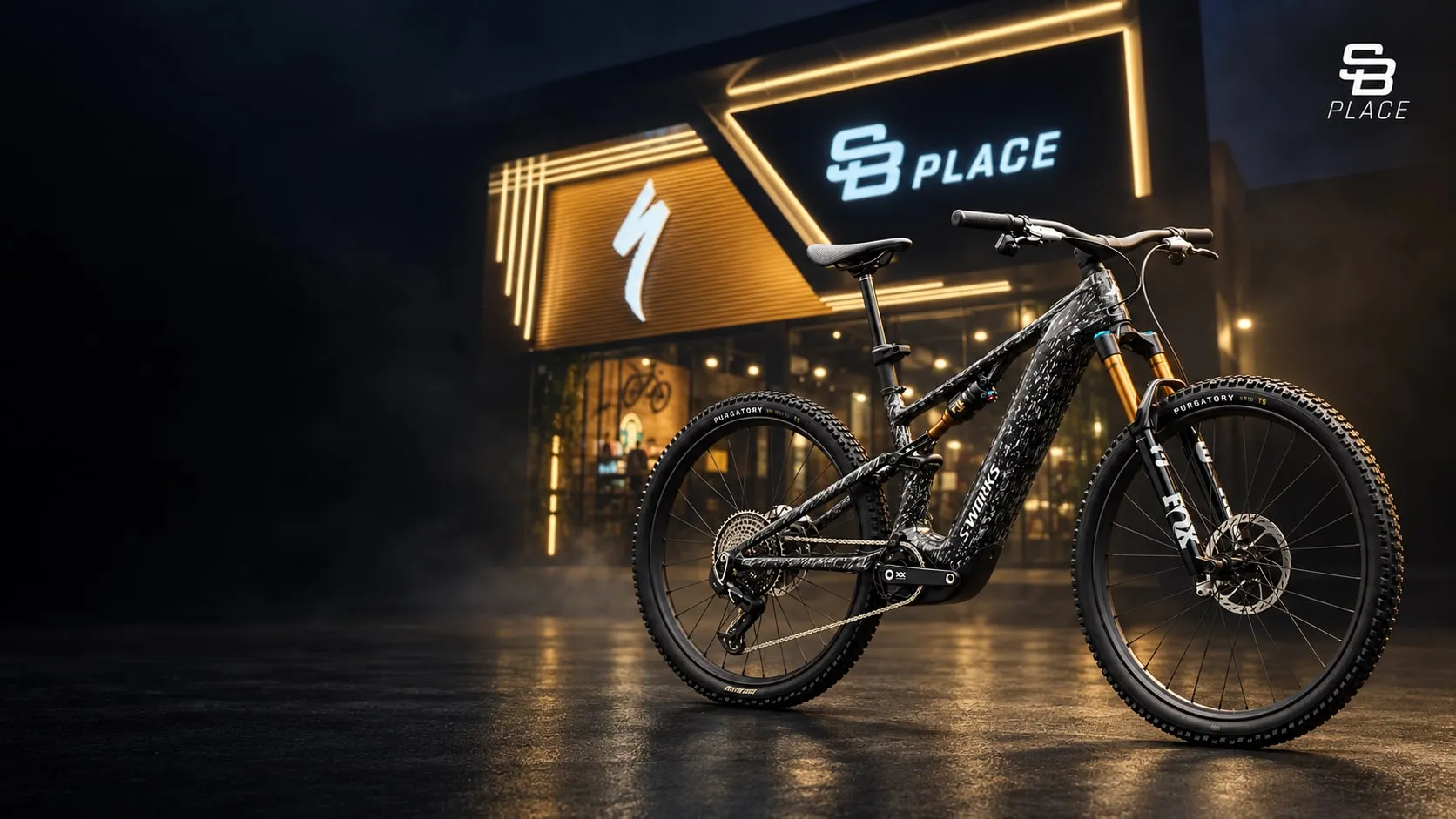 Mountain bike elétrica S-Works em frente à fachada da SB Place, revenda autorizada Specialized